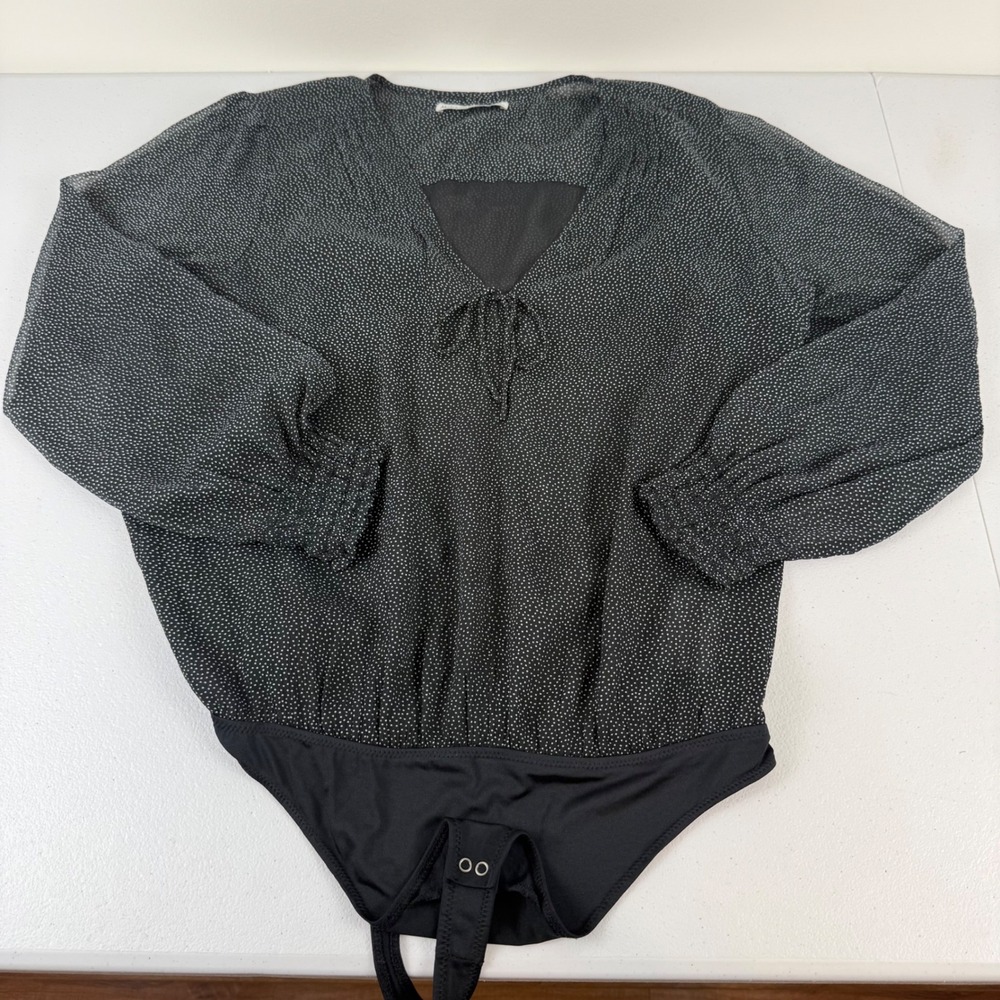 Abercrombie & Fitch Women's XL Black White Pin Dot Sheer V-Neck Tie Bodysuit EUC